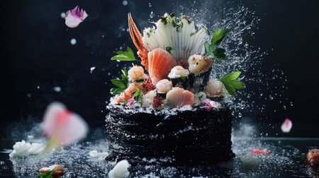 A visually stunning seafood platter features fresh ingredients and artistic garnishes, creating an elegant display that bursts with color and texture.の素材