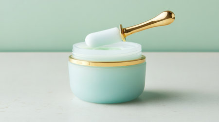 A sophisticated mint green cream jar paired with a golden spoon, set against a white background. Ideal for beauty and skincare product displays.の素材