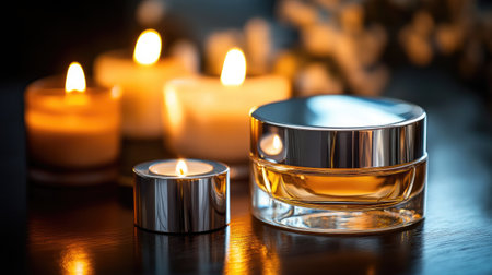 A beautifully designed perfume bottle sits beside flickering candles, creating a warm and inviting atmosphere. This elegant arrangement is perfect for promoting relaxation and wellness.の素材