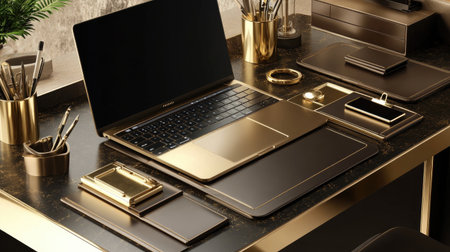 This image showcases an elegant workspace featuring a sleek laptop with gold accents, complemented by luxurious office supplies and a stylish desk setup.の素材