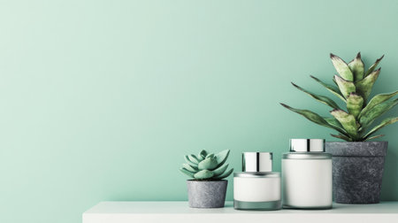 A visually calming arrangement featuring skincare products beside lush green plants, perfect for conveying a sense of wellness, beauty, and tranquility in home decor.の素材