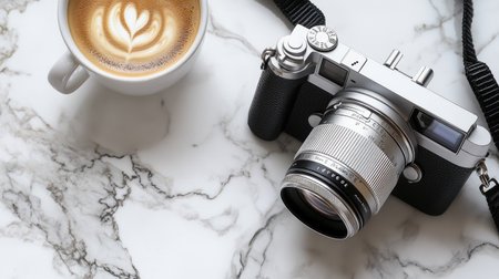 A stylish flatlay featuring a vintage camera next to a coffee cup with latte art on a sleek marble surface. Perfect for photography enthusiasts.の素材
