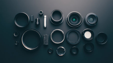 A visually appealing arrangement of various camera lenses and accessories on a dark surface, showcasing the intricate details and designs of each component.の素材