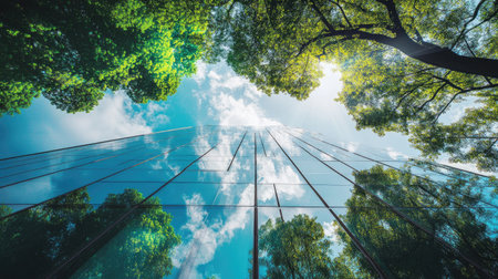 A stunning view of a modern glass building surrounded by lush green trees under a bright blue sky, showcasing the beauty of nature and architecture in harmony.の素材