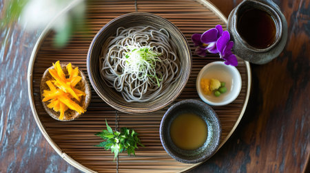 Enjoy a beautiful arrangement of traditional soba noodles accompanied by fresh vegetables, herbs, and a warm broth, perfect for a healthy meal.の素材