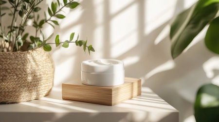 A serene skincare setup featuring a white cream container placed on a wooden block. Natural light creates soft shadows, enhancing a calming aesthetic with greenery.の素材