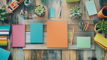 Discover a vibrant workspace showcasing colorful notebooks, stationery, and plants. Perfect for inspiration in art, design, study, or creative projects.の素材