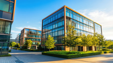 A stunning view of modern glass office buildings set against a bright sky. The lush greenery and trees add a touch of nature to the urban landscape.の素材