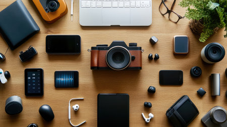 A visually appealing flat lay of photography gear and modern gadgets, showcasing a creative workspace. The arrangement includes a camera, smartphone, and laptop, highlighting a blend of technology and style.の素材
