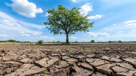 A solitary tree stands resilient on cracked soil under a vast blue sky. This dry landscape highlights the impact of drought and climate change on nature.の素材