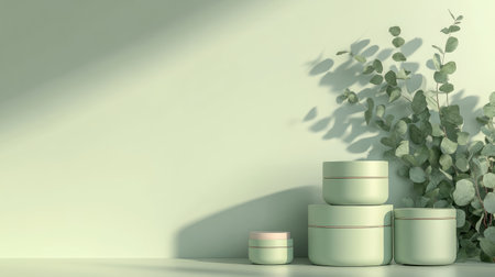 A soothing minimalist display featuring green containers and eucalyptus. Perfect for beauty and skincare themes, this image offers tranquility and elegance.の素材