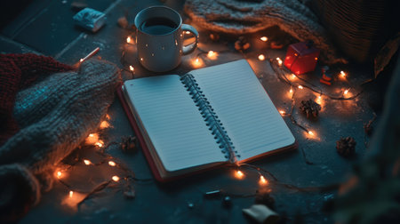 A cozy scene featuring an open notebook, a steaming cup of coffee, and warm fairy lights. Ideal for evoking feelings of comfort and creativity during winter nights.の素材