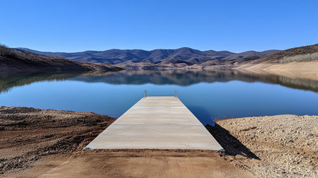 A serene scene featuring a concrete dock extending into a calm lake, surrounded by rolling mountains under a clear blue sky. Perfect for nature lovers.の素材