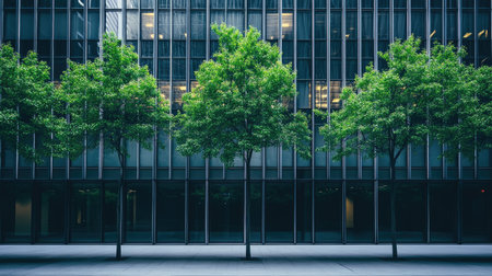 This image showcases a striking urban landscape featuring lush trees flanking a modern glass facade building, highlighting the harmony between nature and contemporary architecture.の素材