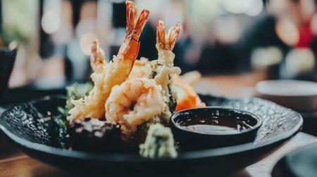 A beautifully plated tempura shrimp dish showcasing perfectly fried seafood with a side of dipping sauce, ideal for food lovers and culinary enthusiasts.の素材