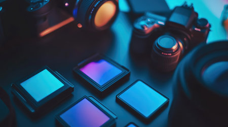 A captivating arrangement of photography equipment featuring cameras, lenses, and filters illuminated by colorful lighting. Ideal for showcasing modern photography tools.の素材