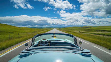 A classic convertible car on an empty road surrounded by lush green fields under a bright blue sky filled with fluffy clouds, perfect for a peaceful journey.の素材