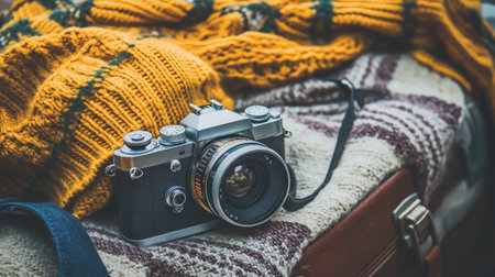 A vintage camera rests on a cozy knit sweater, showcasing a warm autumn aesthetic. This scene combines elements of nostalgia and creativity, perfect for art and lifestyle themes.の素材