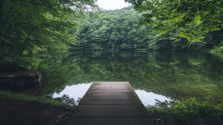A tranquil forest lake captures the essence of nature with its calm waters and lush greenery. A wooden pier extends into the serene reflection, inviting relaxation.の素材