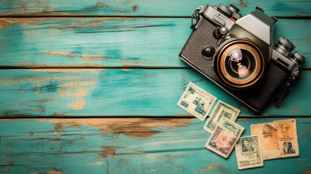 A vintage camera rests on a textured wooden surface surrounded by colorful stamps. This artistic arrangement reflects nostalgia and passion for photography, perfect for creative projects.の素材