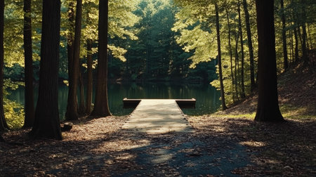 A tranquil view of a wooden dock extending into a peaceful lake, surrounded by lush green trees illuminated by soft sunlight, creating a serene atmosphere perfect for relaxation.の素材