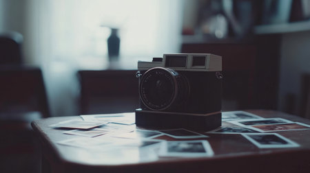 A vintage camera rests on a wooden table amidst scattered photographs, capturing the essence of nostalgia and creative inspiration in a cozy interior setting.の素材