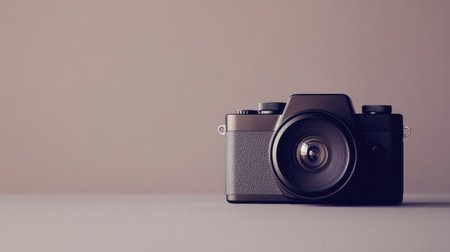A vintage style camera positioned on a minimalist surface, featuring soft lighting that enhances the textures and details, perfect for photography enthusiasts.の素材