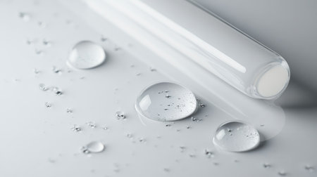 A clear test tube rests on a white surface, surrounded by glistening water droplets. The minimalist composition highlights precision and cleanliness in a laboratory setting.の素材