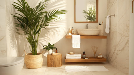 This image showcases a modern bathroom with a luxurious spa-like feel, featuring natural light, green plants, and elegant wooden elements for a serene atmosphere.の素材