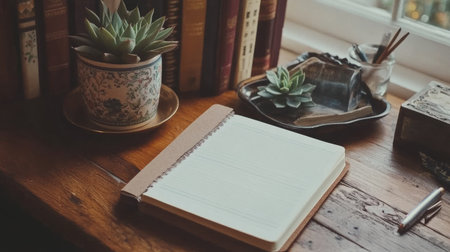 A serene study space featuring a blank notebook, stylish succulents, and a wooden desk. Perfect for promoting creativity, tranquility, and organization.の素材