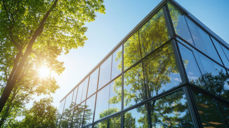A stunning modern glass building showcases reflective surfaces that capture the surrounding nature, blending urban architecture with serene outdoor beauty and sunlight.の素材