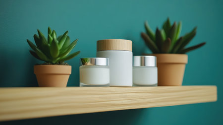A serene arrangement of natural skincare products on a wooden shelf, complemented by potted succulents against a soothing green background. Perfect for wellness themes.の素材