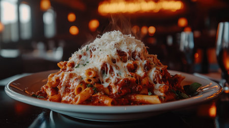 A mouthwatering pasta dish featuring steaming marinara sauce, topped with melted cheese and fresh herbs, perfect for evoking a cozy dining experience.の素材