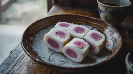 Delight in the beauty of traditional Japanese sweets served elegantly on a rustic wooden plate, accompanied by a calming tea cup, perfect for a serene snack experience.の素材