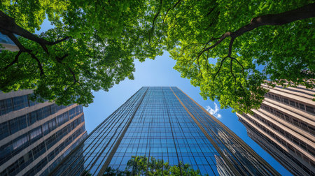 Stunning view of a modern skyscraper rising among lush green trees under a bright blue sky, showcasing a perfect blend of nature and urban architecture.の素材