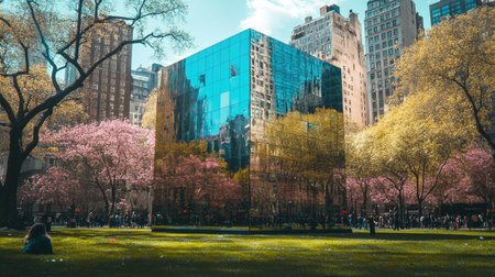 A vibrant urban park scene showcases modern architecture amidst blooming cherry blossom trees. People enjoy the sunny day in this tranquil setting.の素材