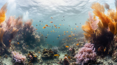 Explore a captivating underwater scene filled with vibrant corals and schools of colorful fish. This image showcases the rich biodiversity and beauty of ocean life.の素材