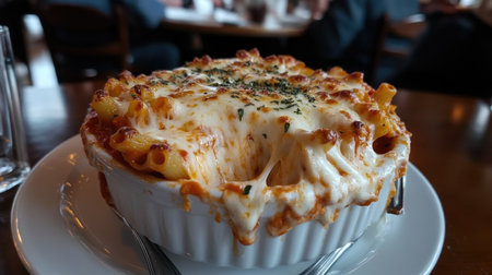 Indulge in this creamy baked macaroni and cheese, featuring a golden cheese topping that melts perfectly. A comforting dish perfect for any meal or occasion.の素材