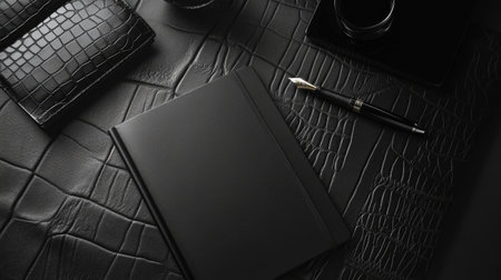 A captivating flatlay featuring an elegant black notepad, pen, and accessories on a textured leather surface, perfect for creative or business use.の素材