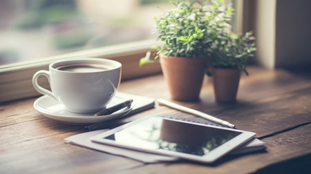 A cozy morning scene featuring a cup of coffee, a tablet, and potted plants on a wooden table by a window, perfect for relaxation and inspiration.の素材