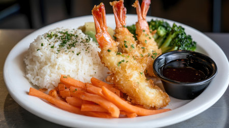 A delicious meal featuring crispy shrimp served with white rice, fresh carrots, and steamed broccoli. Perfect for a satisfying lunch or dinner.の素材