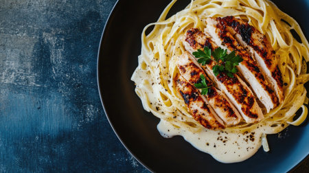 A beautifully arranged plate of grilled chicken fettuccine in creamy sauce, garnished with fresh parsley, showcasing vibrant textures and flavors.の素材