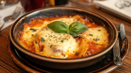 Indulge in this delicious baked lasagna topped with melted cheese and fresh basil, served in an elegant rustic dish, perfect for any meal occasion.の素材