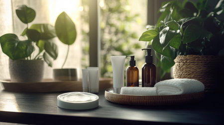 A serene skincare arrangement featuring natural products and thriving plants on a wooden surface. Perfectly captures the essence of self-care and wellness.の素材