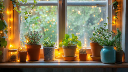 A cozy indoor window scene showcasing various potted plants illuminated by twinkling fairy lights, creating a warm and inviting atmosphere perfect for relaxation.の素材