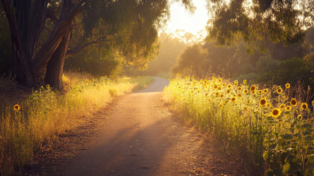 A serene pathway winds through a vibrant sunflower field at sunset, bathed in golden light. The tranquil scene captures the beauty of nature during the evening.の素材