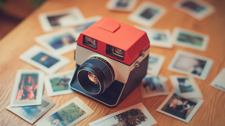 This image showcases a vintage camera surrounded by colorful photo prints on a wooden table. The nostalgic scene captures the essence of photography and cherished memories.の素材