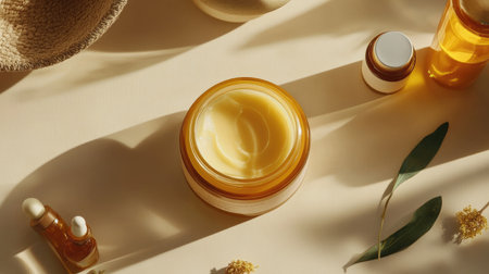 A serene arrangement of natural skincare products including creams and oils. The composition highlights soothing textures and warm colors, ideal for beauty and wellness themes.の素材