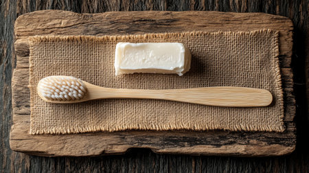 A natural bamboo toothbrush rests on a rustic wooden surface with a small block of toothpaste, showcasing eco-friendly hygiene products in a minimalistic style.の素材