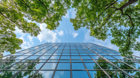 A striking view of a modern glass building framed by lush green trees under a clear blue sky, showcasing a blend of nature and urban architecture.の素材